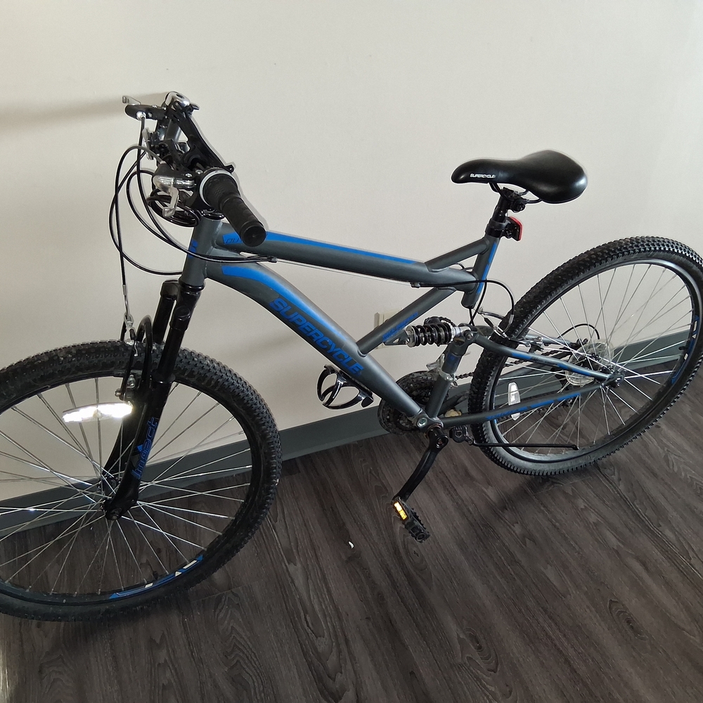 Gray and Blue Mountain Bike